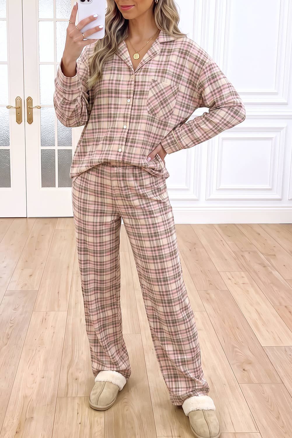 Christmas Plaid Patch Pockets Long Sleeve Lounge Set (S-XL)