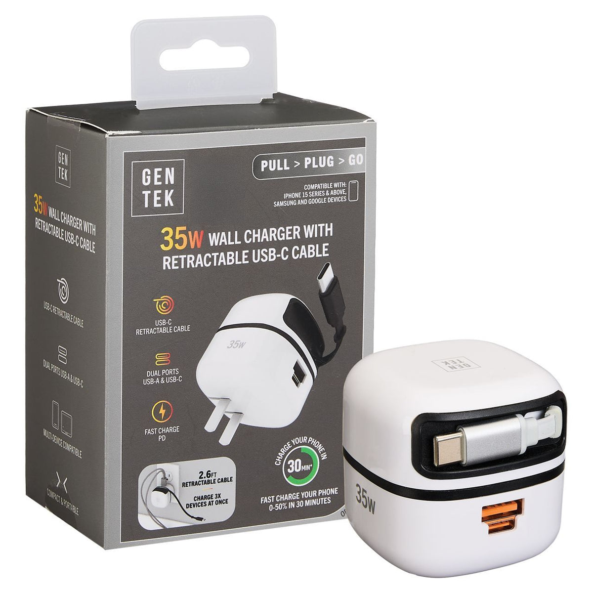 GenTek 2Port 35w Rapid Wall Charger Retract Cable
