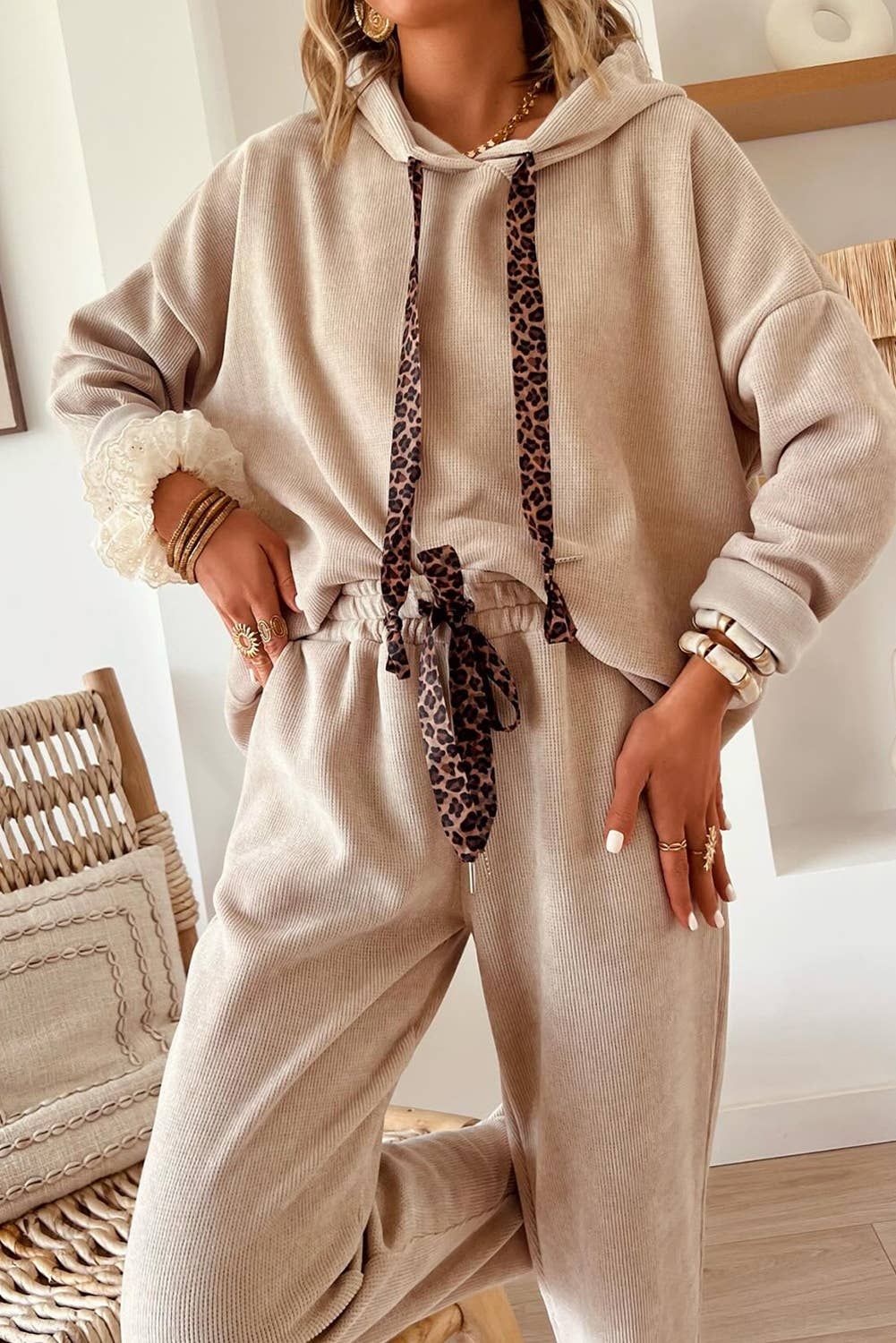 Drawstring Pullover Hoodie and High Waist Pants Corduroy Set