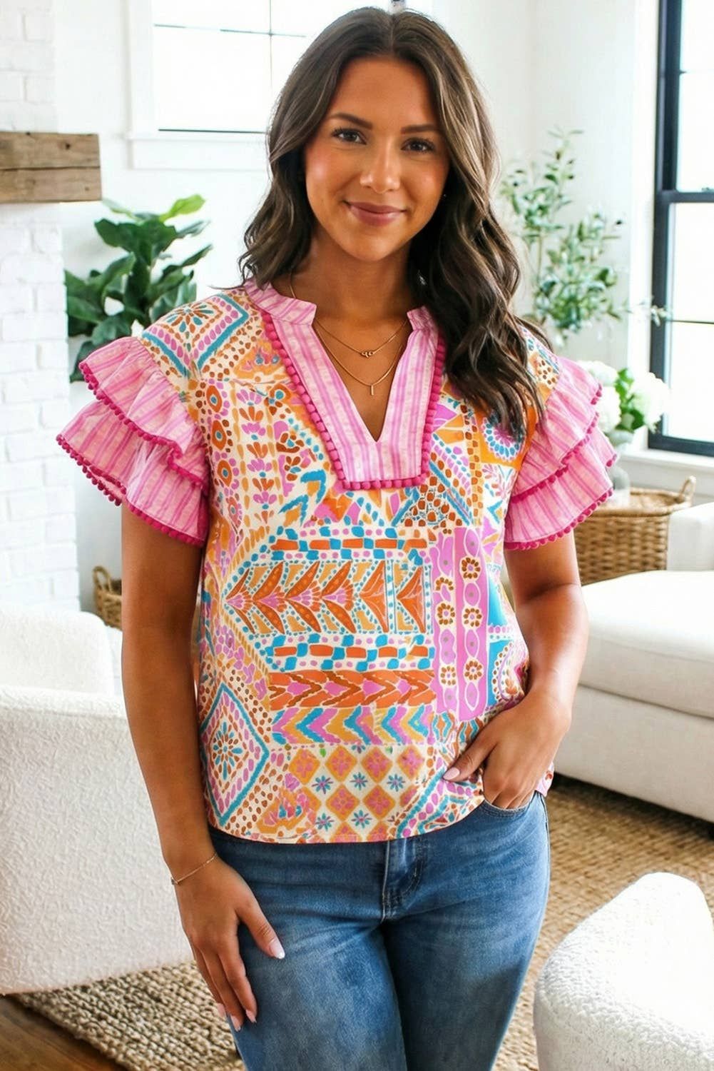 Boho Mixed Print Ruffled Blouse | S-XL & Plus 1X-4X