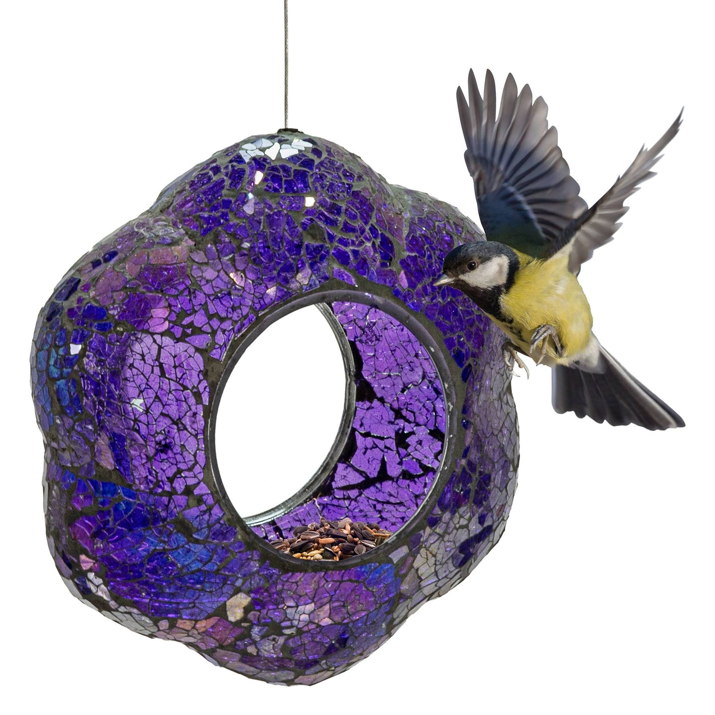 Purple Glass Flower Mosaic Fly-Through Hanging Bird Feeder