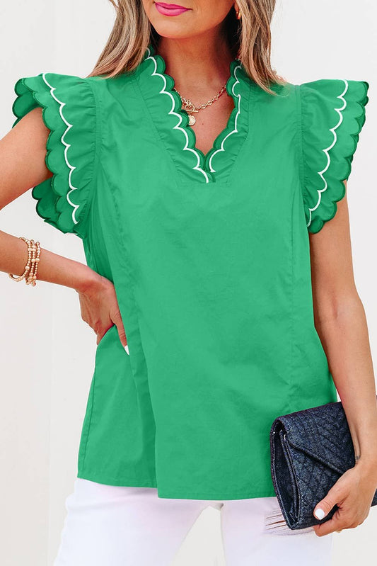 Contrast Scallop Trim Layered Short Sleeve Blouse | S-XL