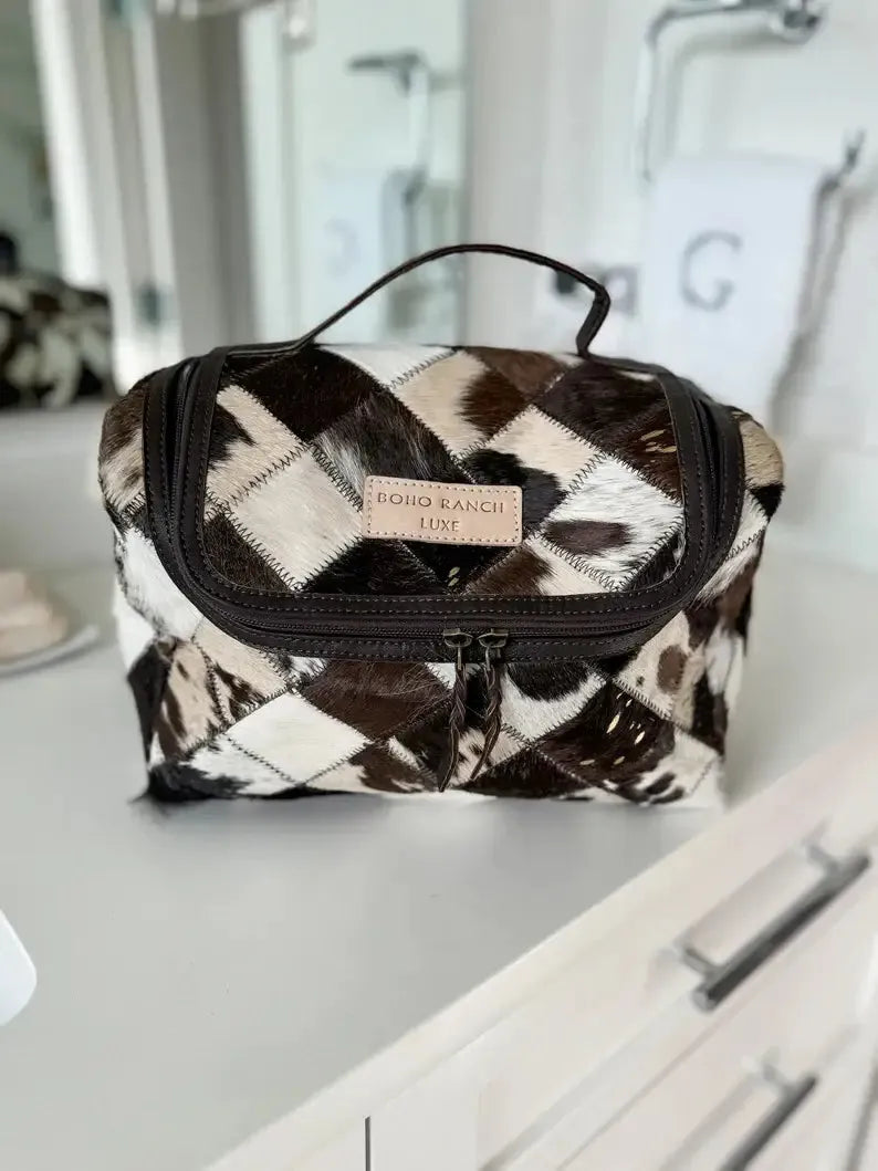 BOHO LUXE TOILETRY bag Genuine Hair On travel storage 