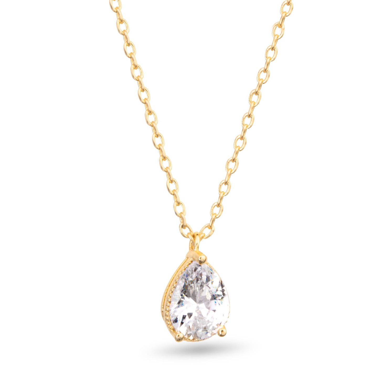 CZ Pear Shaped Solitaire Necklace -  Gold