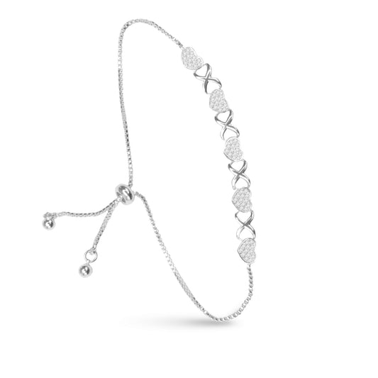 Five Pave Heart Pull-Cord Bracelet -  Silver