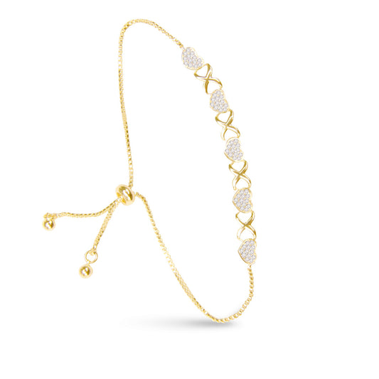 Five Pave Heart Pull-Cord Bracelet -  Gold