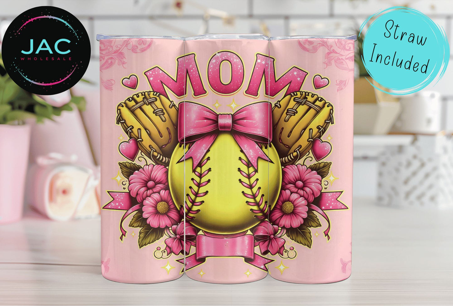 Pink Coquette Softball Mom Skinny Tumbler 20oz