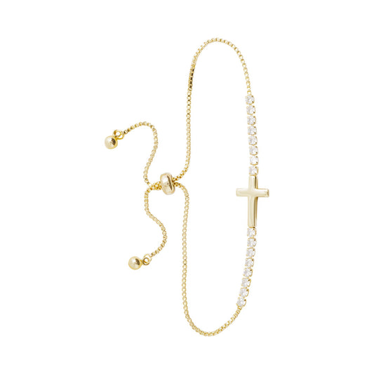 Gold CZ and Smooth Cross Pull Cord Bracelet