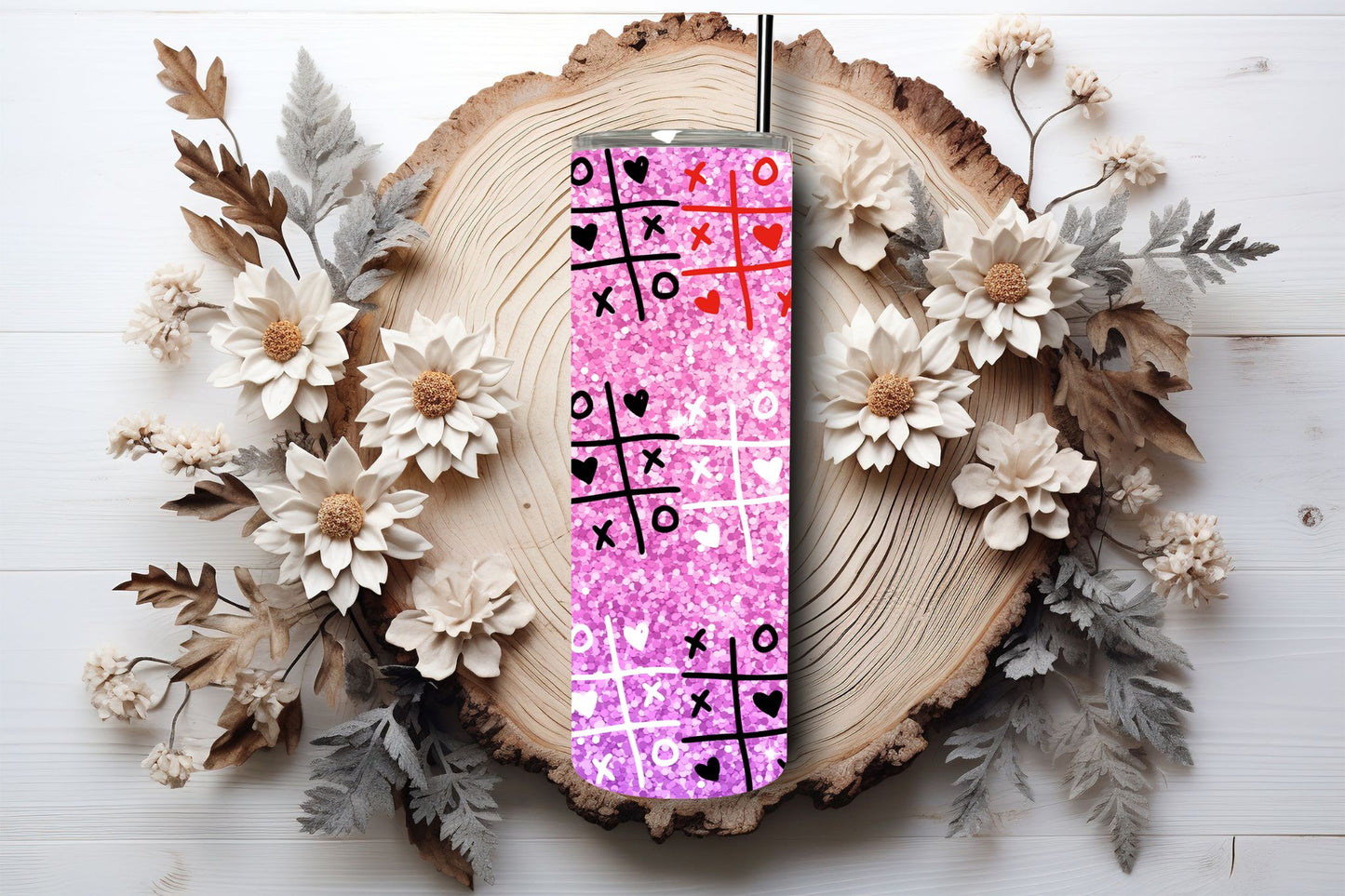 Pink Glitter Tic Tac Toe Valentine  20oz Skinny Tumbler
