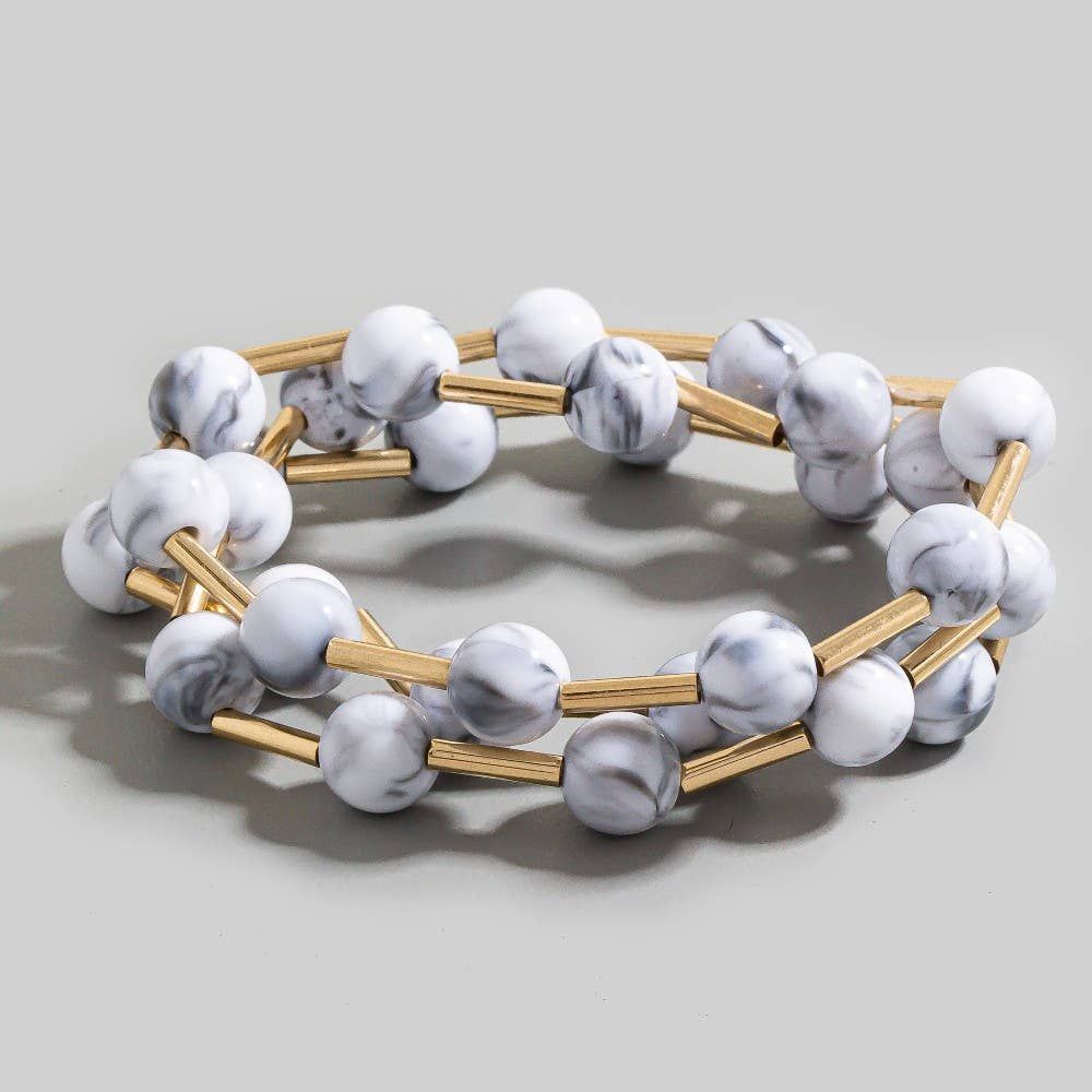 Metallic Bars And Ball Resin Beads Bracelet 3 Set