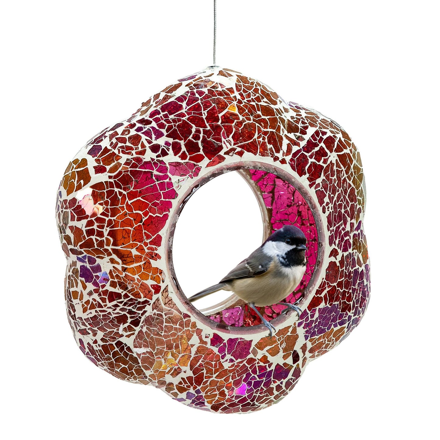 Pearl Pink Flower Mosaic Fly-Through Hanging Bird Feeder