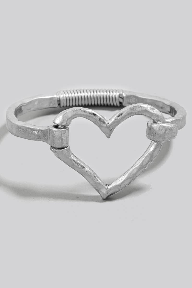 Hammered Heart Coil Spring Hook Bangle Bracelet