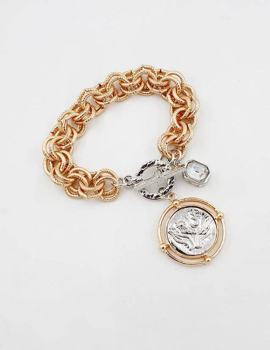 Gold Layered Chain with Silver and Gold Coin Charm Toggle Bracelet