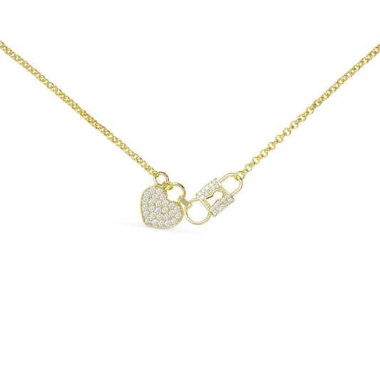 Gold CZ Heart With Lock Necklace