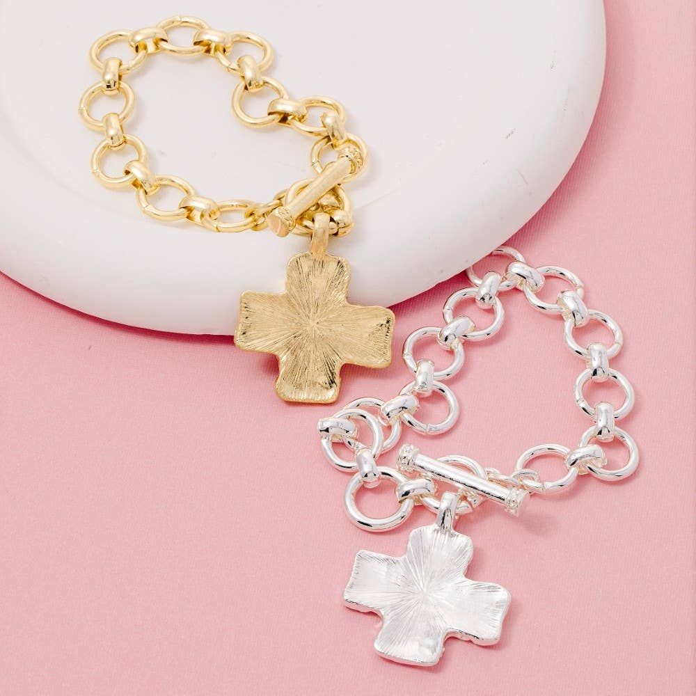 Metallic Hammered Cross Toggle Chain Bracelet