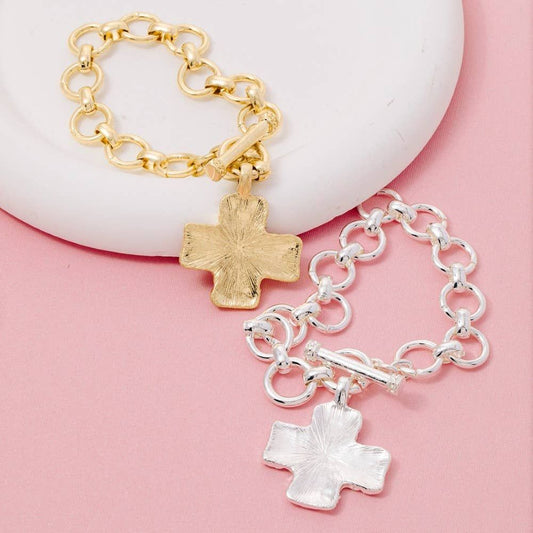 Metallic Hammered Cross Toggle Chain Bracelet