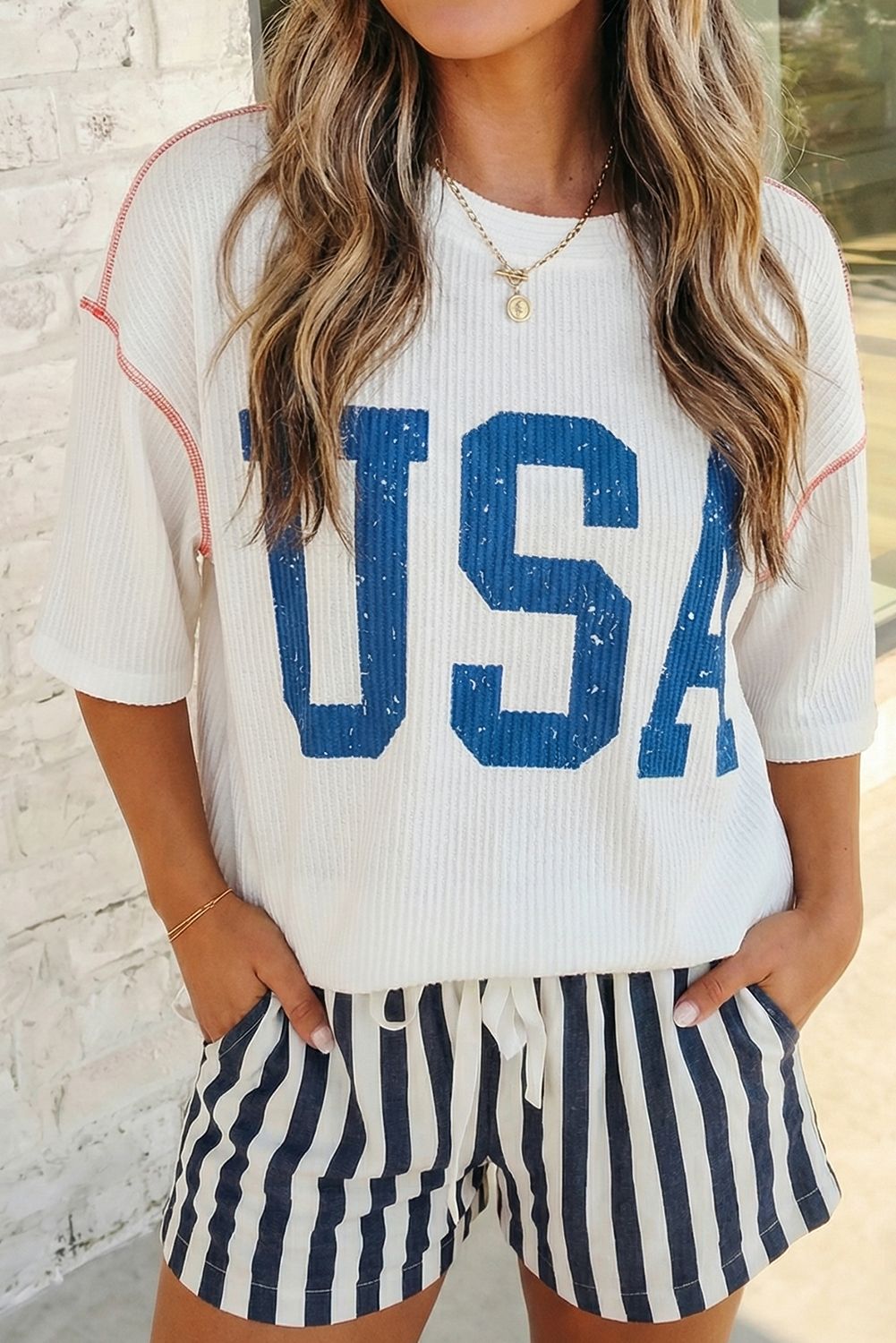 USA Graphic Half Sleeve Ribbed Top | S-XL Plus 1X-4X