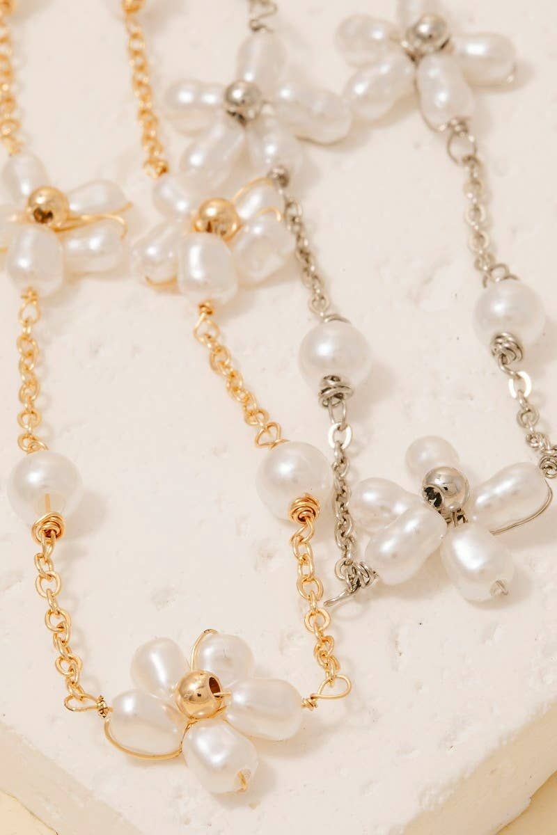 Pearl Beaded Flower Chain Bracelet