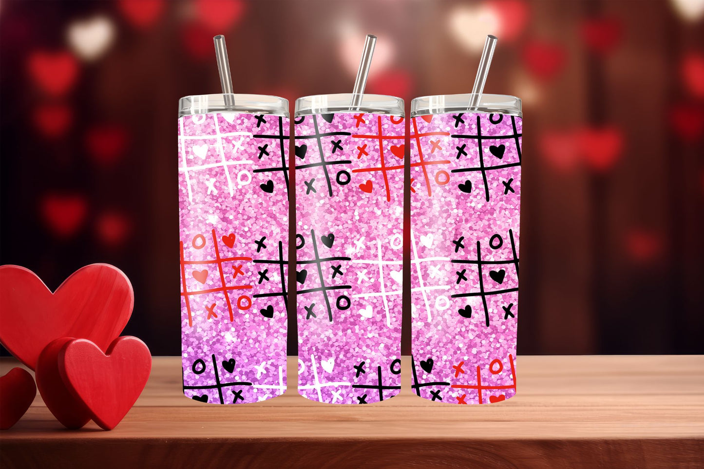 Pink Glitter Tic Tac Toe Valentine  20oz Skinny Tumbler
