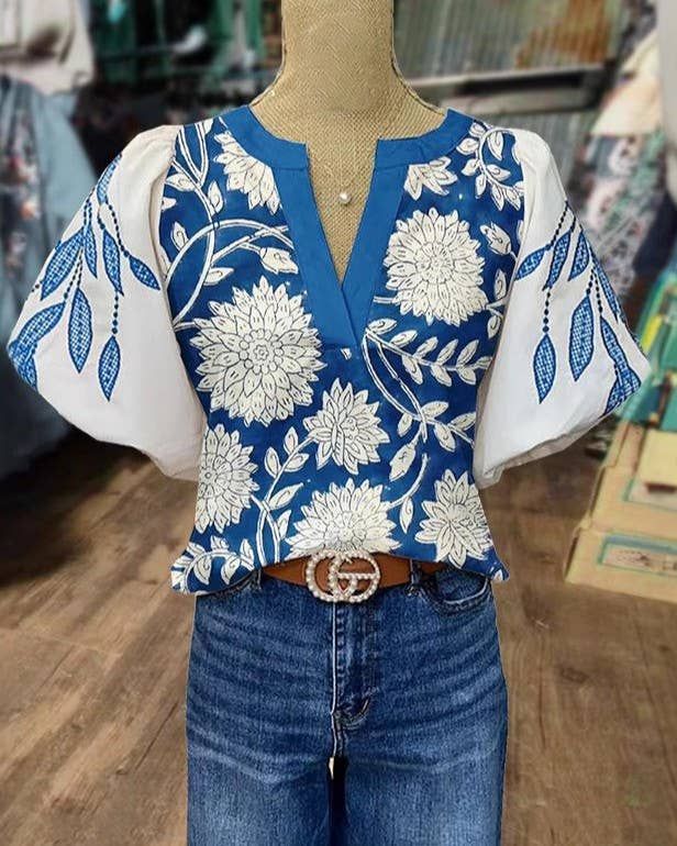 Boho Blue & White Floral Print Puff Sleeve V-Neck Blouse