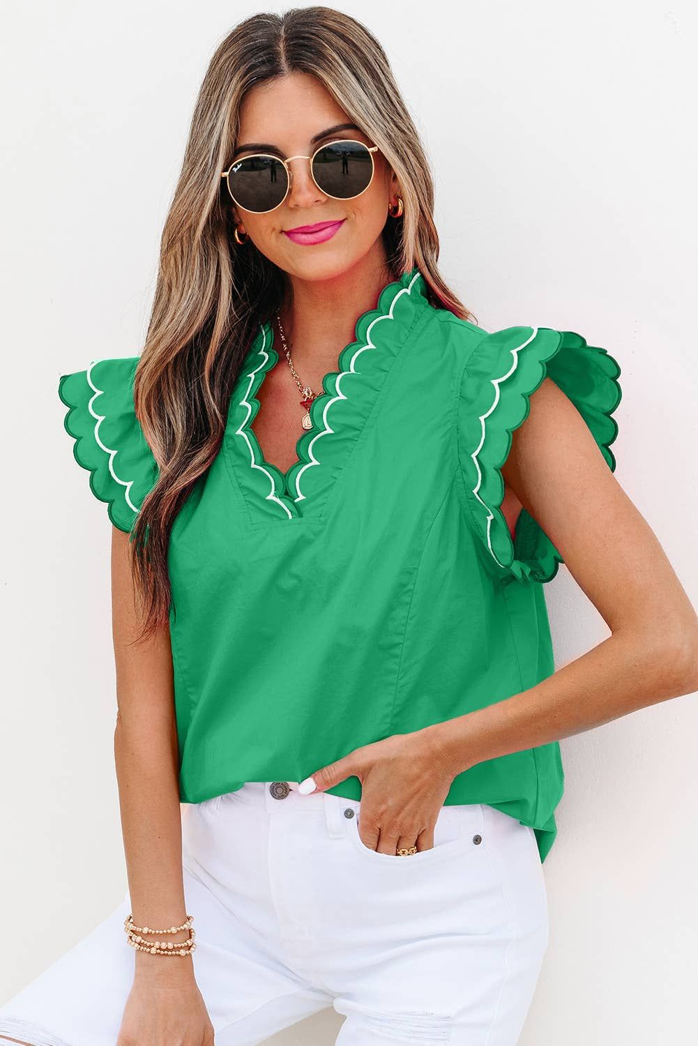 Contrast Scallop Trim Layered Short Sleeve Blouse | S-XL