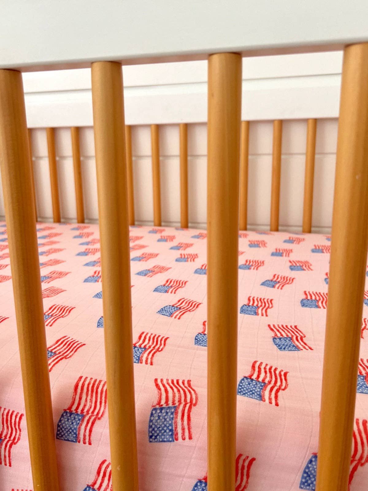Muslin Crib Sheet, American Flag Pink
