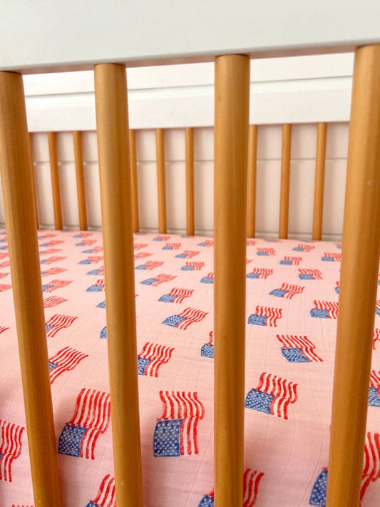 Muslin Crib Sheet, American Flag Pink