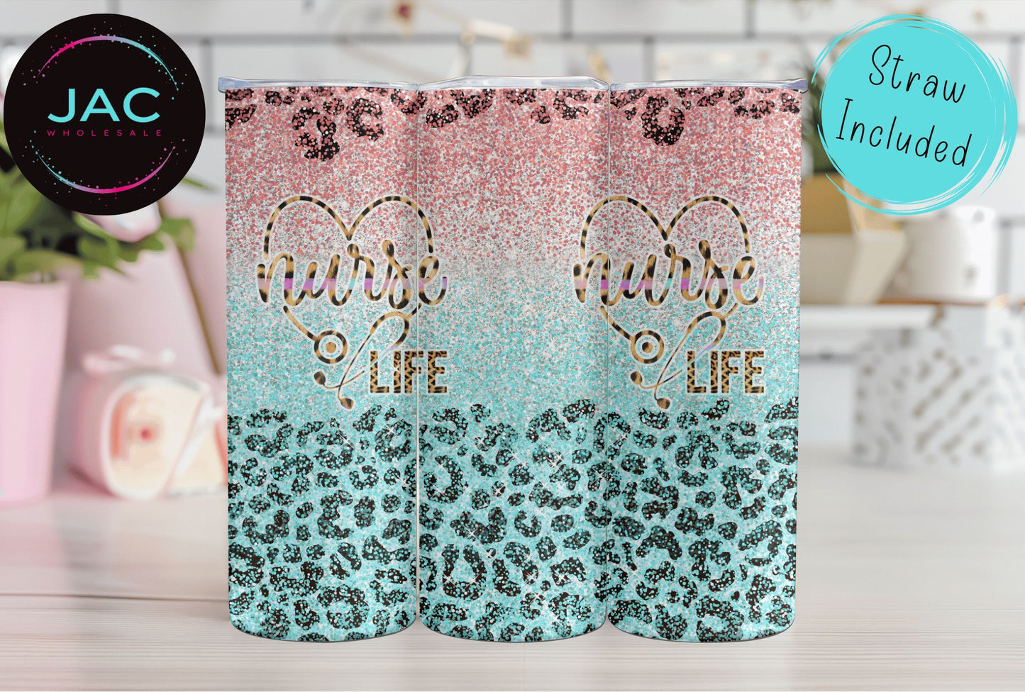 Nurse Life Leopard Glitter Skinny Tumbler 20oz