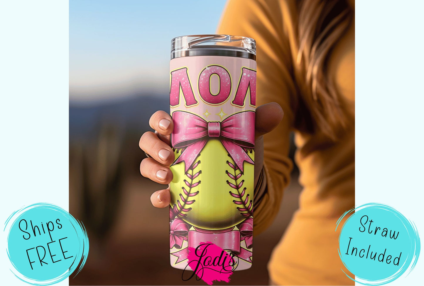 Pink Coquette Softball Mom Skinny Tumbler 20oz