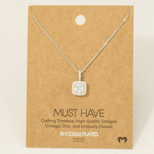 Gold Dipped Square Rhinestone Pendant Necklace