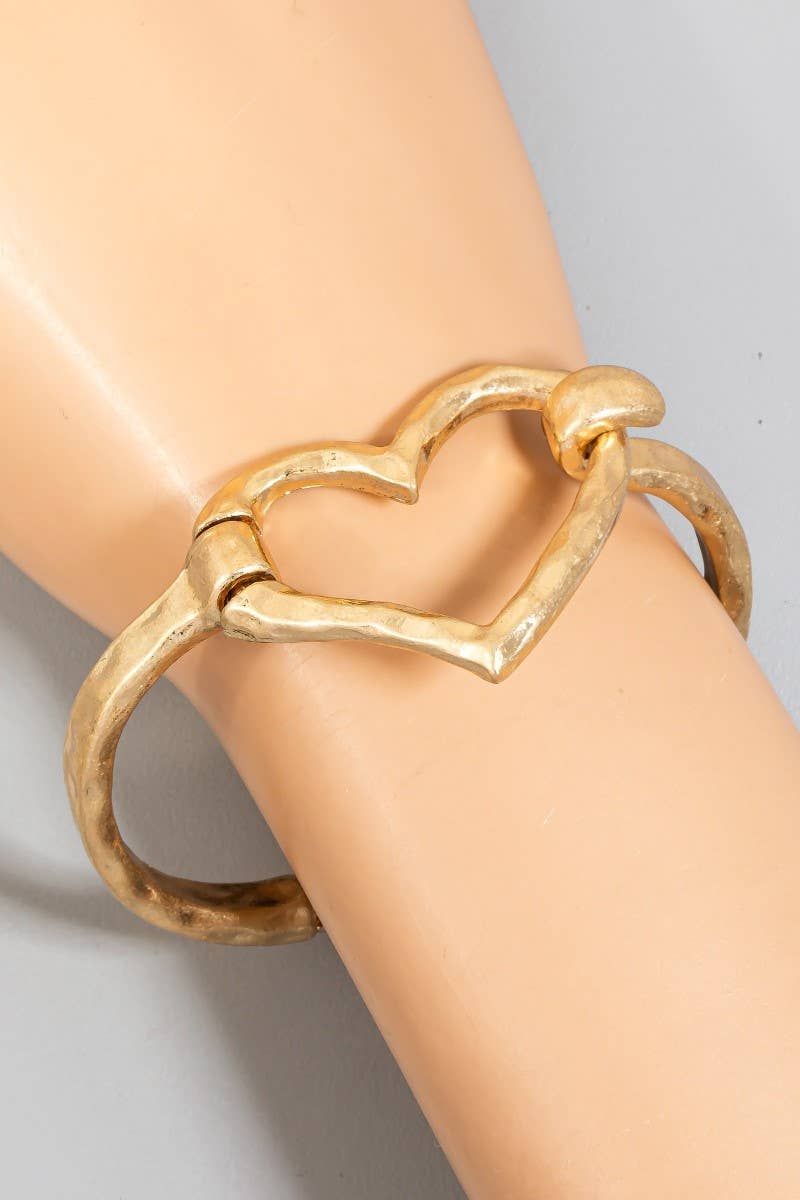 Hammered Heart Coil Spring Hook Bangle Bracelet