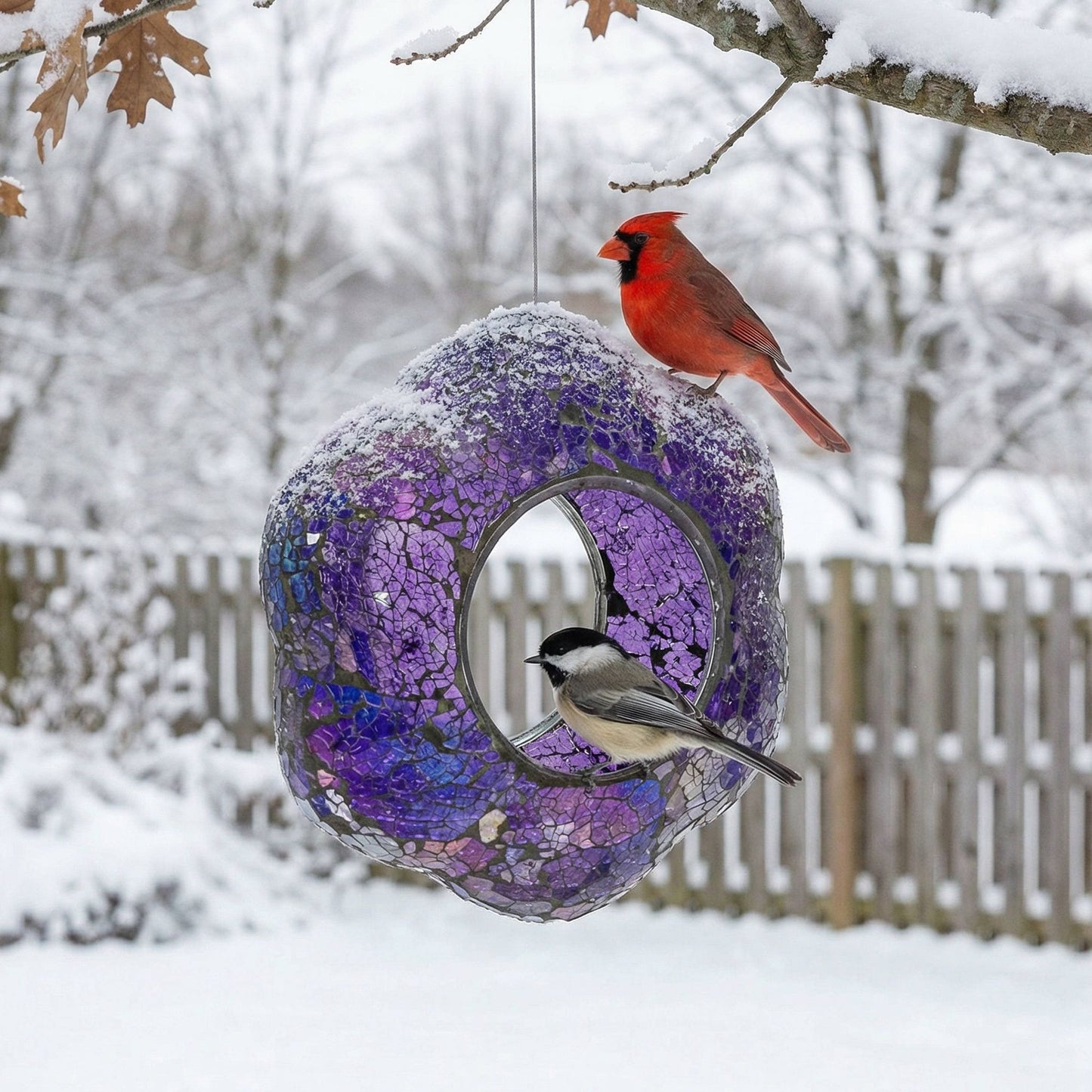 Purple Glass Flower Mosaic Fly-Through Hanging Bird Feeder