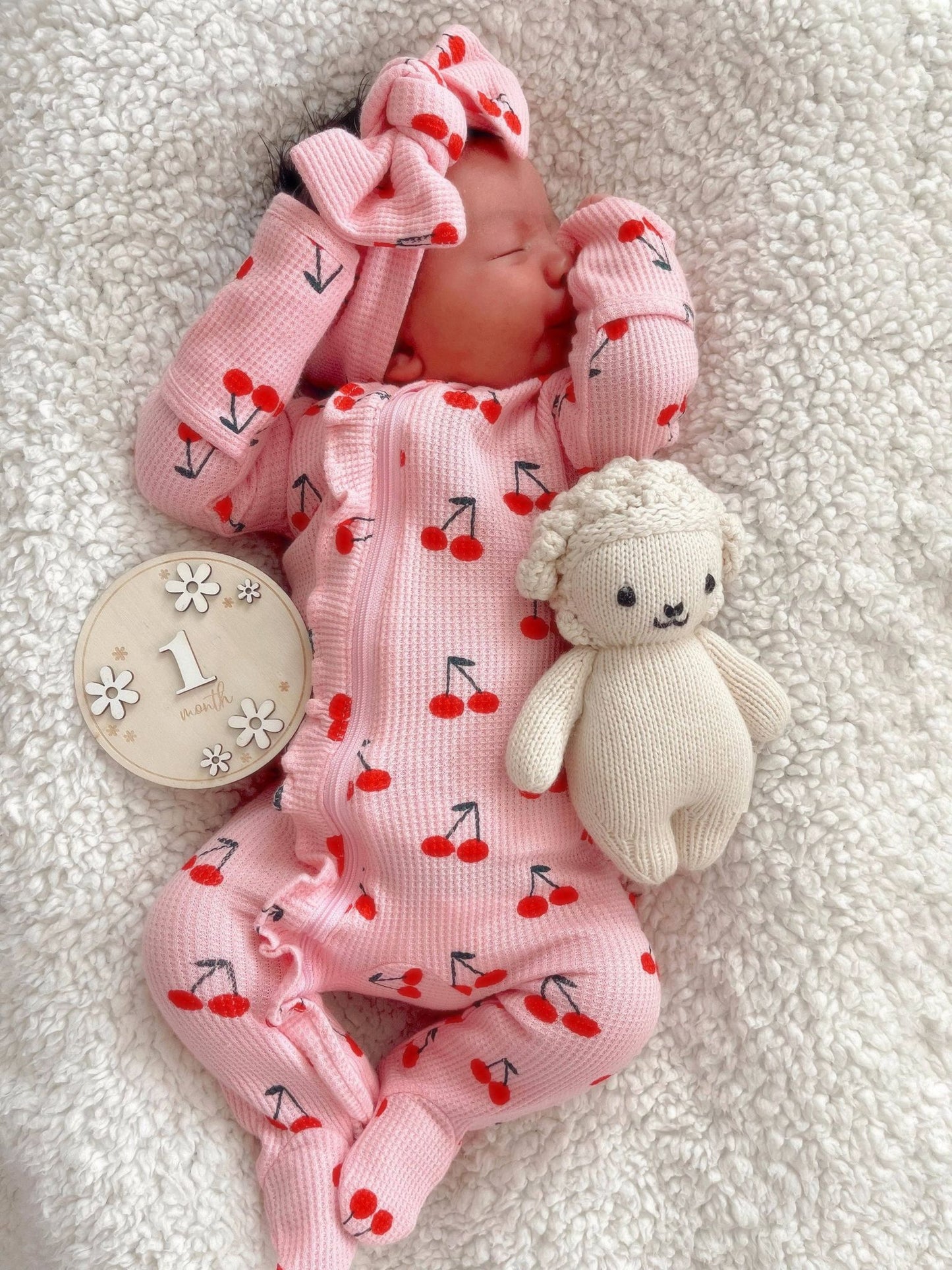 Organic Waffle 2-Way Zip Ruffle Footie, Pink Cherries