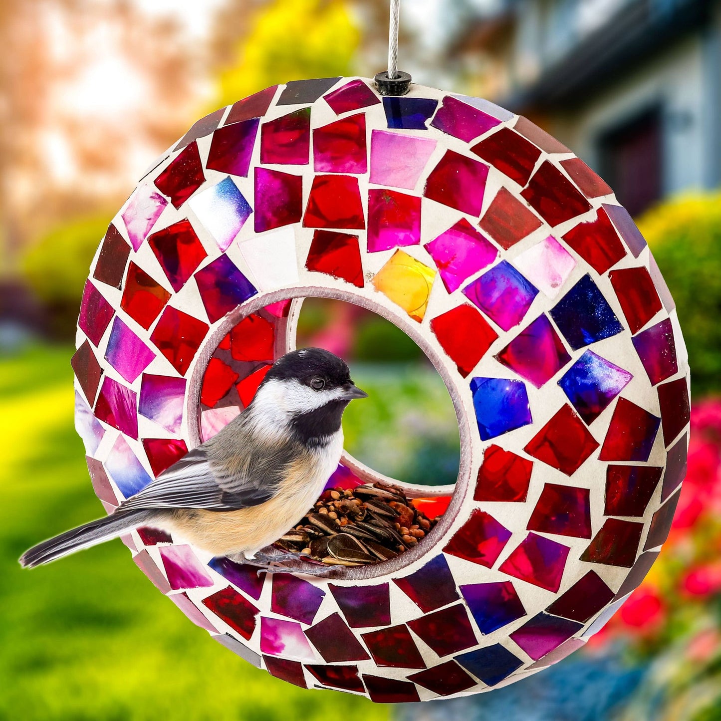 Glass Crimson Mosaic Fly-Through Hanging Bird Feeder - 6 in