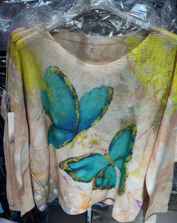 VI598 Blue Butterfly Printed Spring Long Sleeves Sweater