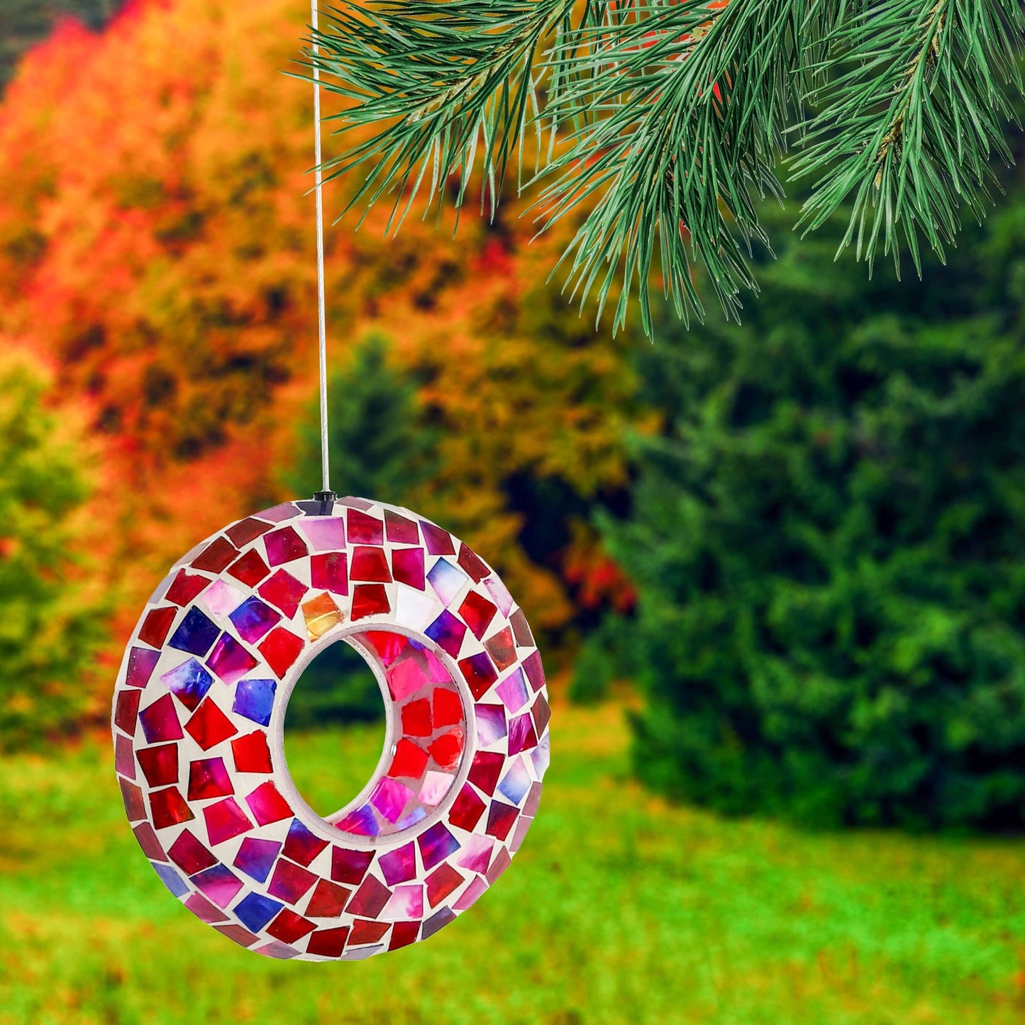 Glass Crimson Mosaic Fly-Through Hanging Bird Feeder - 6 in