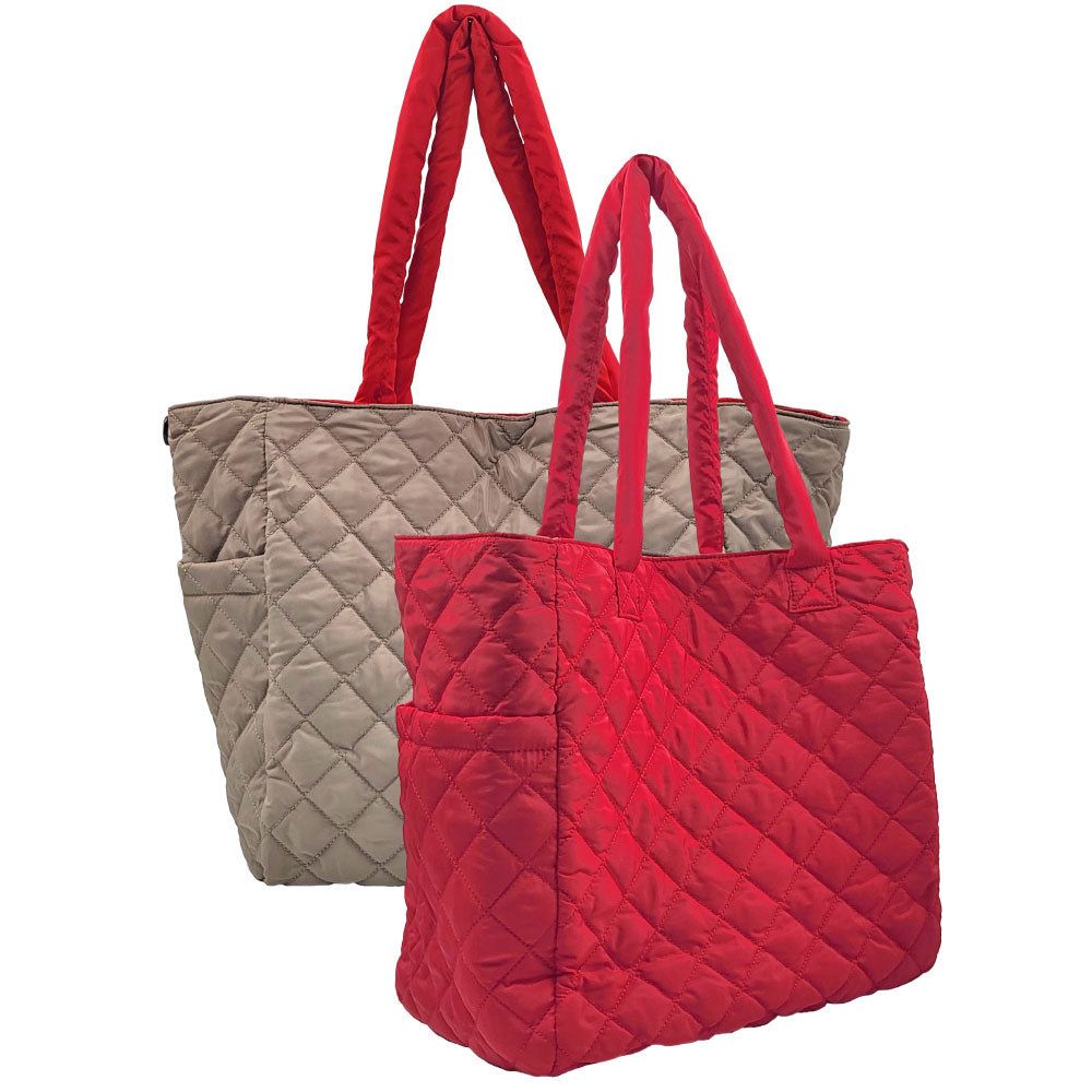 RED/TAUPE Large Reversible Nylon Tote