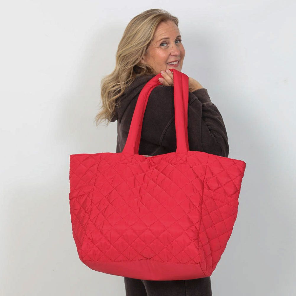 RED/TAUPE Large Reversible Nylon Tote