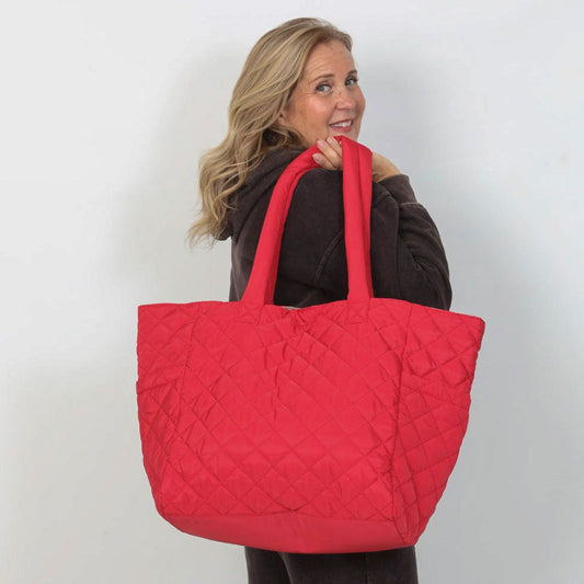 RED/TAUPE Large Reversible Nylon Tote