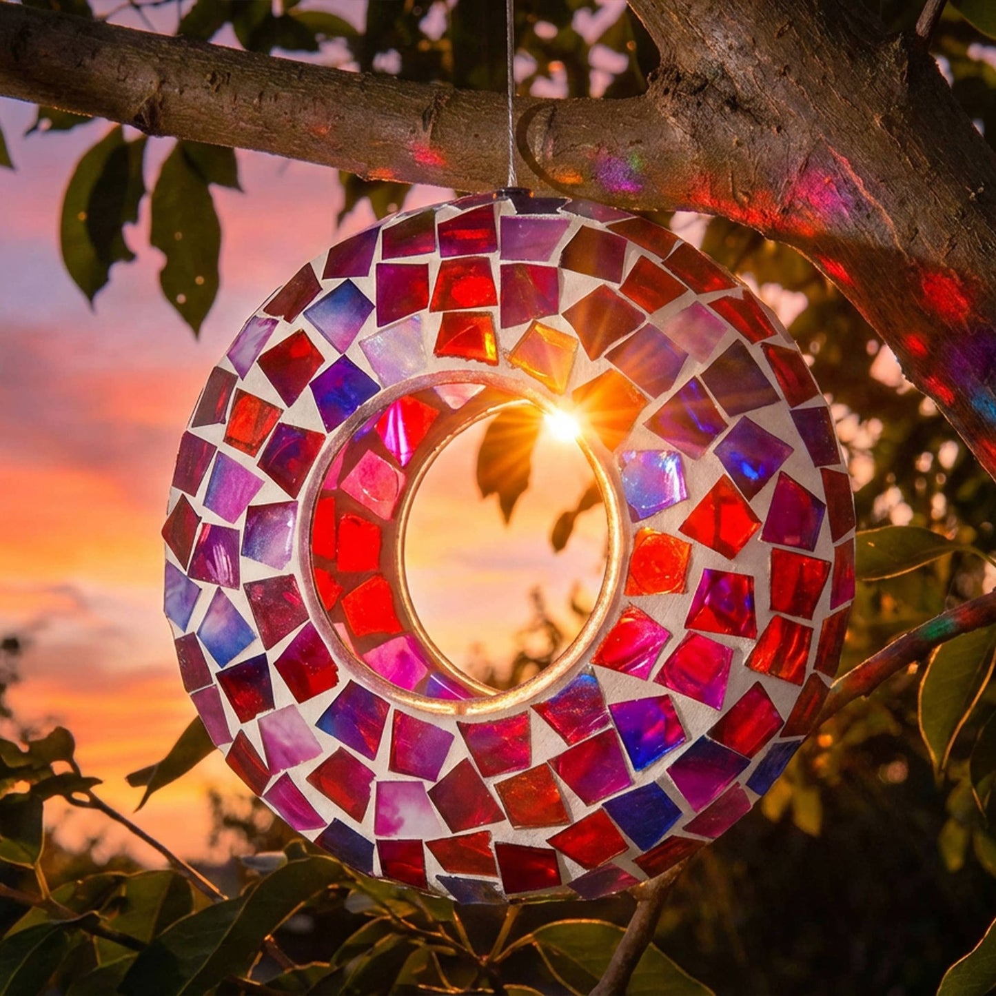 Glass Crimson Mosaic Fly-Through Hanging Bird Feeder - 6 in