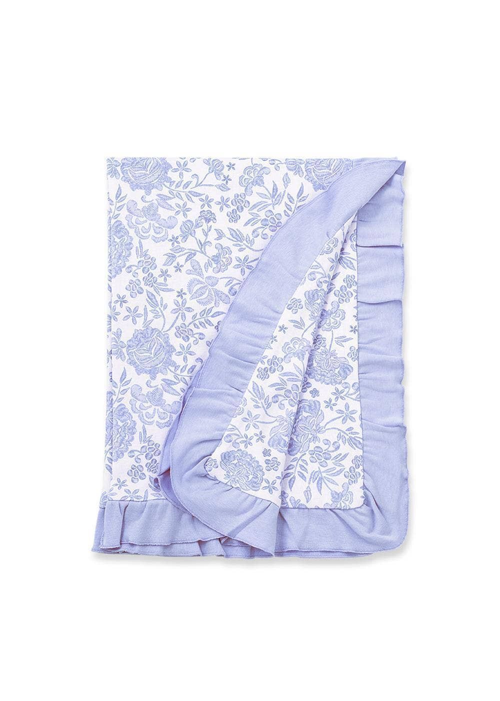 Floral Stroller Blanket With Ruffle Trim - Soft Blue Cotton