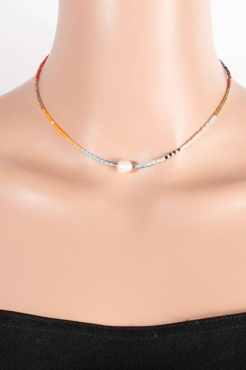 Dainty Seed Beaded Pearl Charm Necklace
