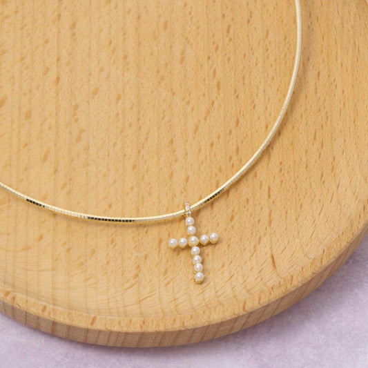 Gold Dipped Pearl Studded Cross Pendant Necklace