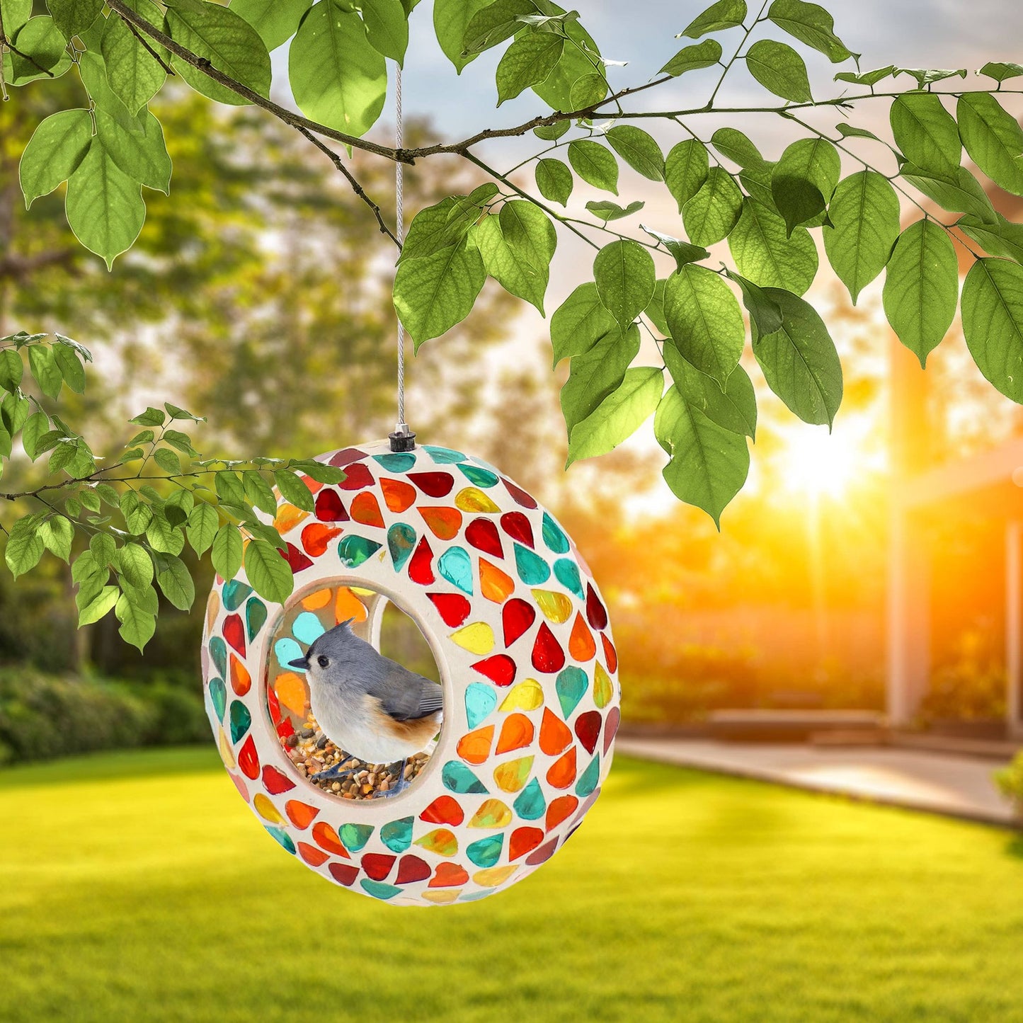 Glass Confetti Mosaic Fly-Through Hanging Bird Feeder - 6 in