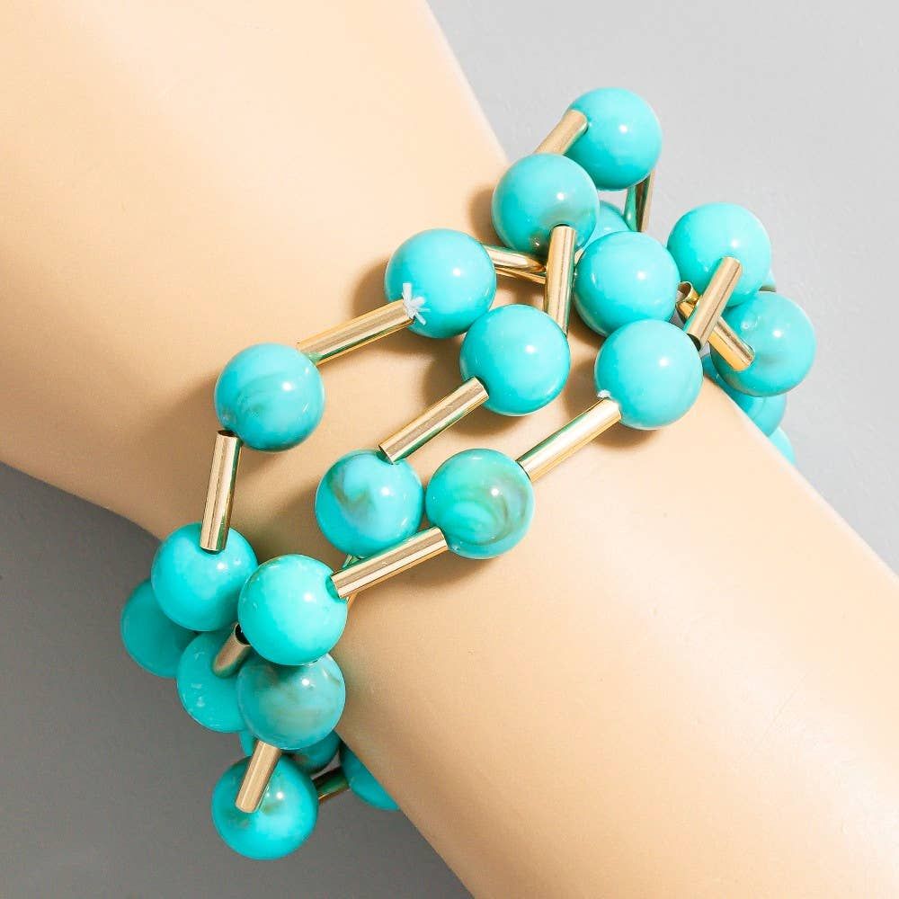 Metallic Bars And Ball Resin Beads Bracelet 3 Set