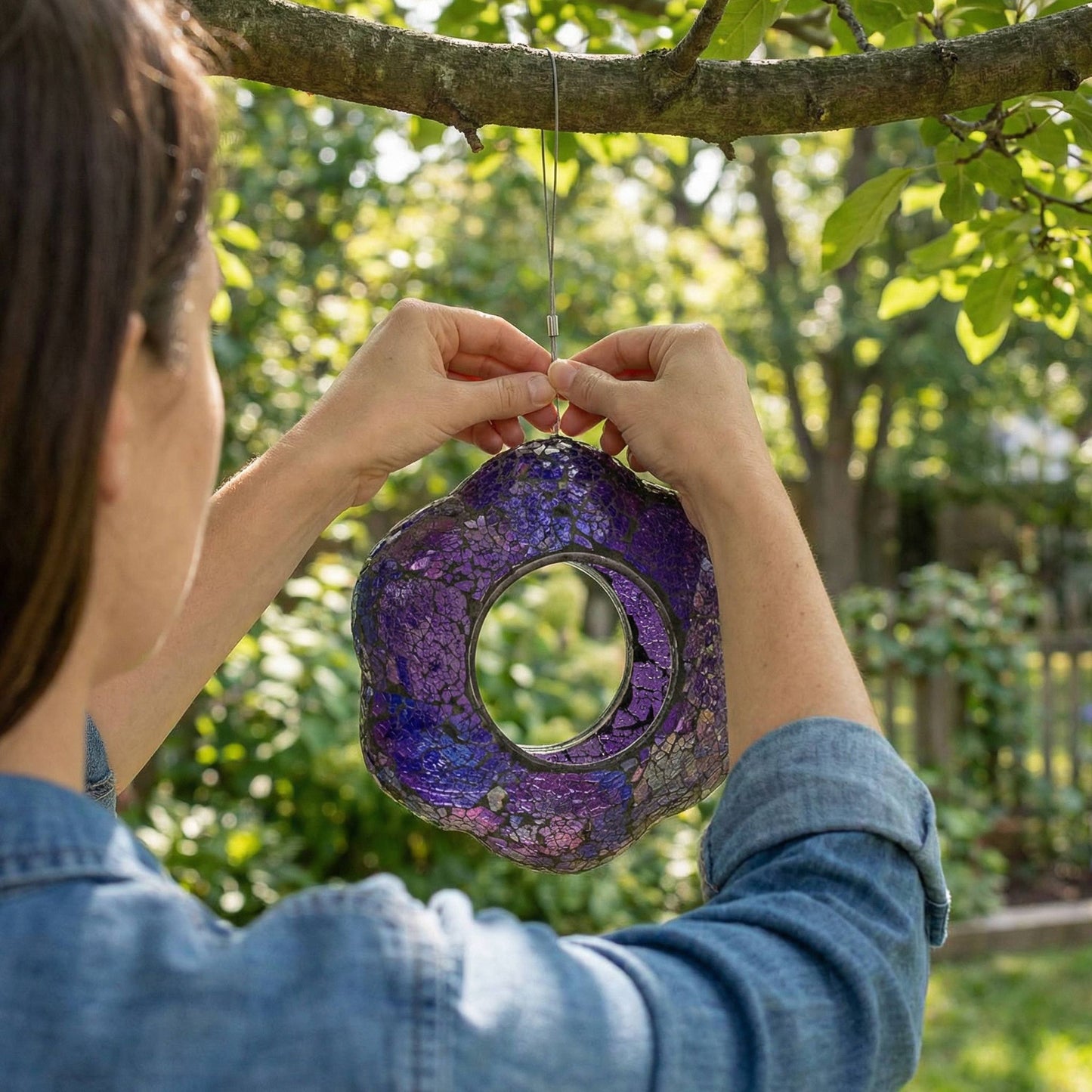 Purple Glass Flower Mosaic Fly-Through Hanging Bird Feeder