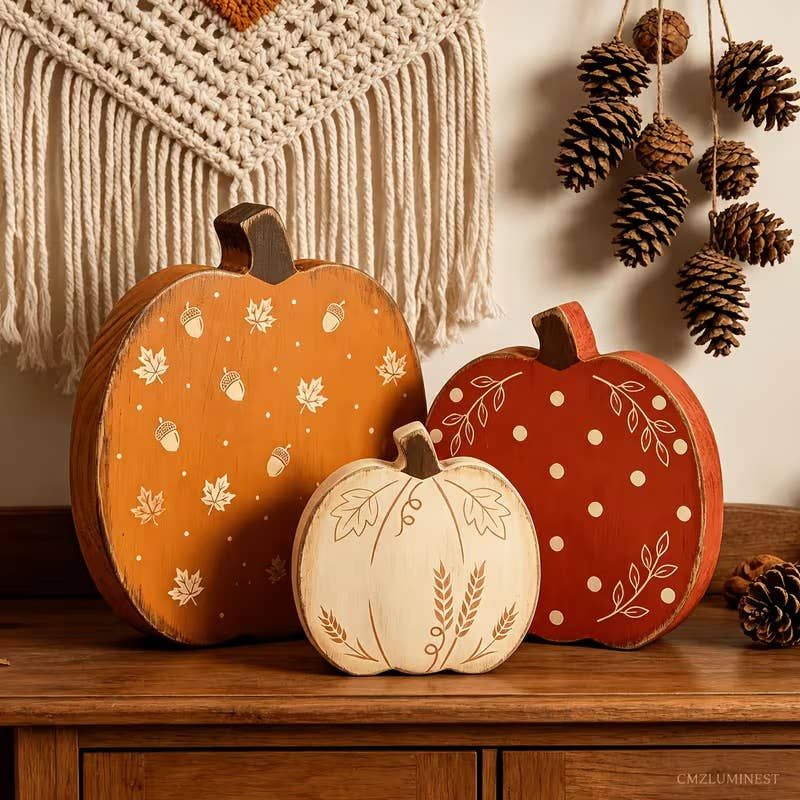 Rustic Wooden Pumpkin Jack O LanternHalloween Decor Set of 3