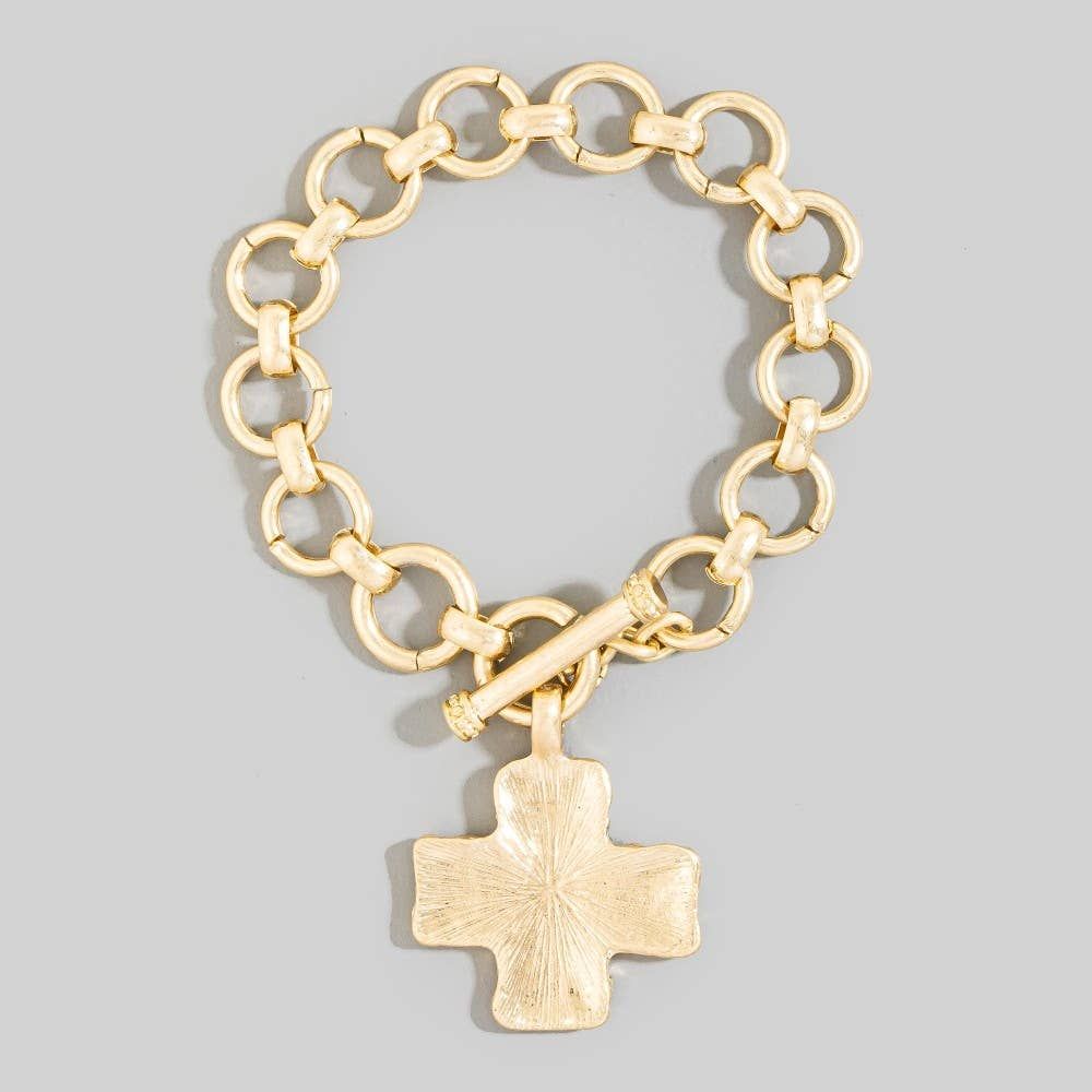 Metallic Hammered Cross Toggle Chain Bracelet