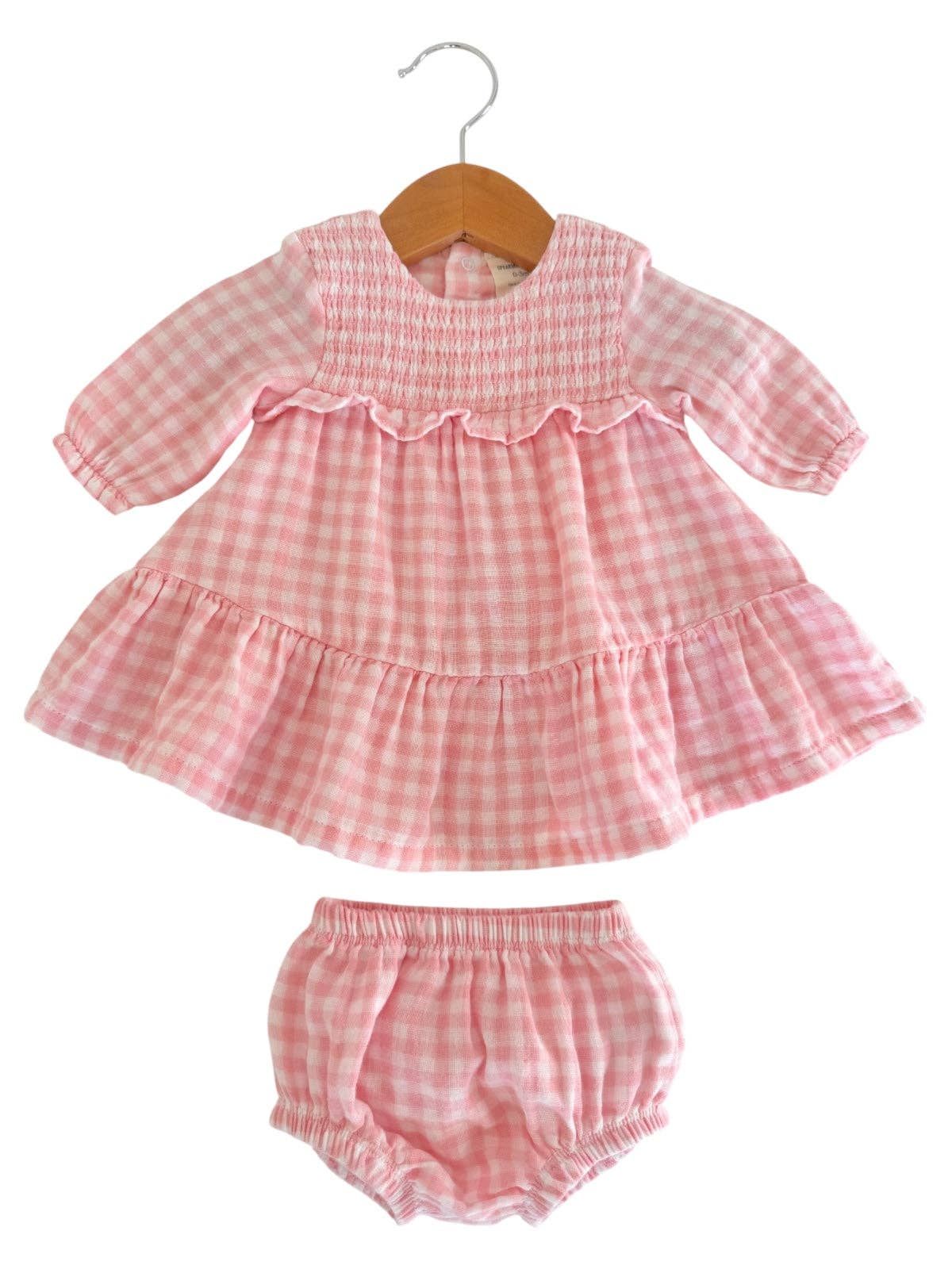 Smocked Ruffle Tiered Dress & Bloomer, Pink Gingham