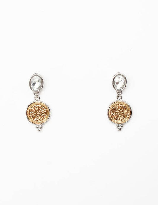 Silver Crystal Stud with Gold Coin 1" Earring